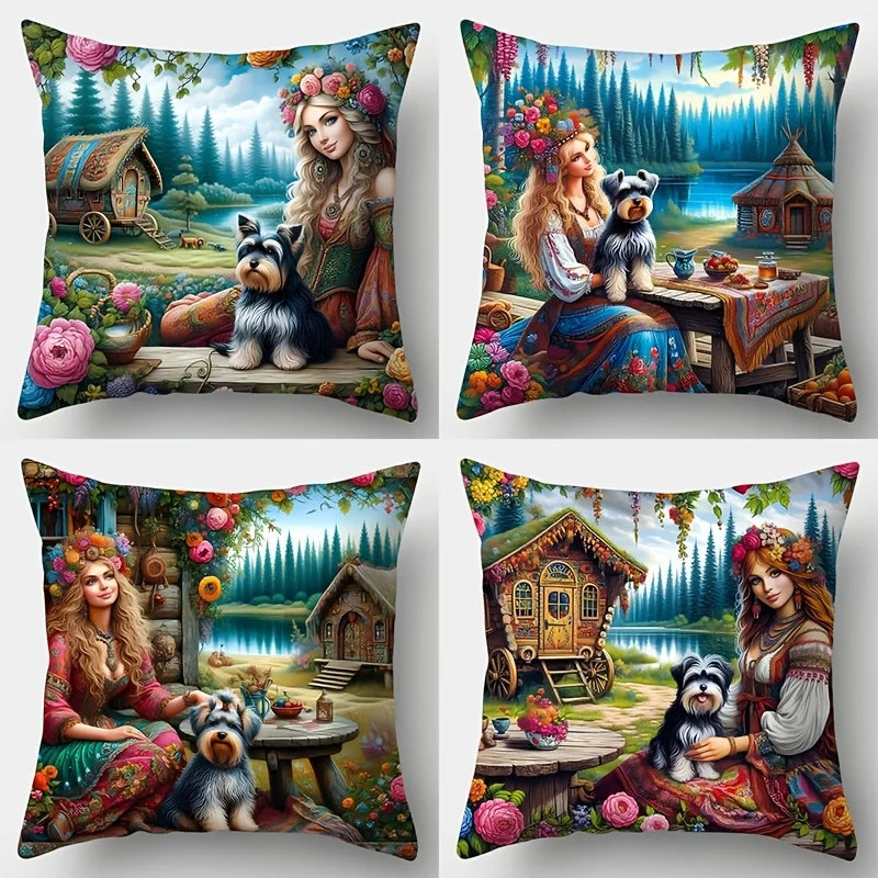 4-piece printed cushion cover set, featuring a floral maiden design with dogs and log cabins, suitable for living room sofa