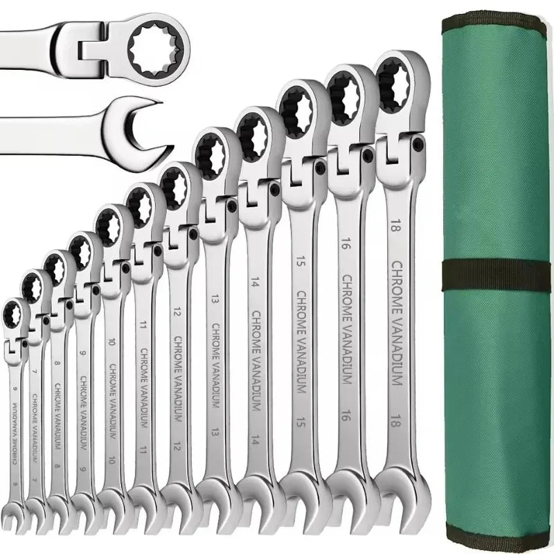 Ratchet Combination Wrench Set 6-32mm Gear Ring Ratcheting Combination Wrench Kit Metric Flexible Head with Canvas Bag Tools Set