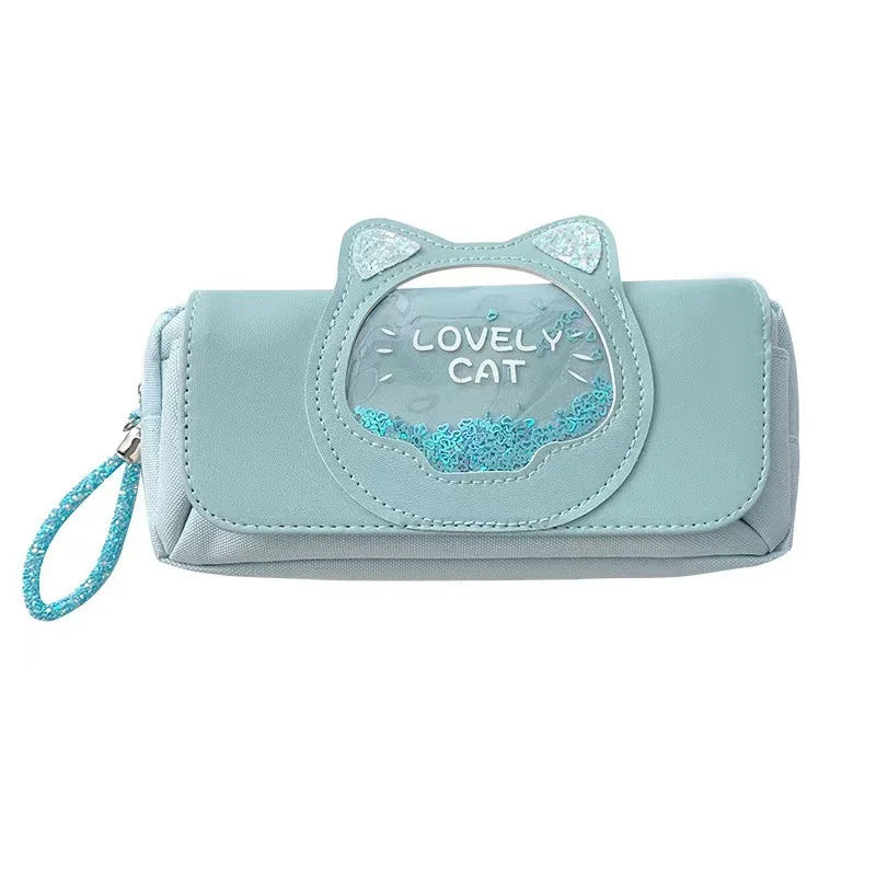 Cute Cat Head Quicksand Pencil Case Exquisite Large Capacity Three-Layer Classification Storage Bag with Handle Purple Pink Blue