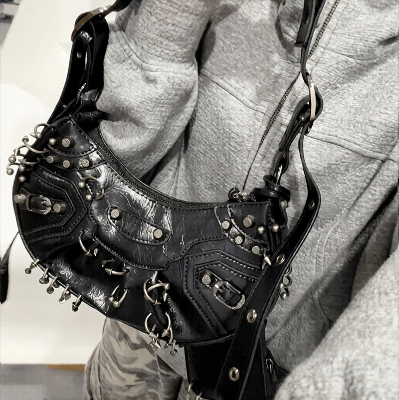 Women's Punk Bag Set, White Crumpled Tote With Matching Wristlet, Studded Design & Metal Hardware, Versatile Day To Night Wear