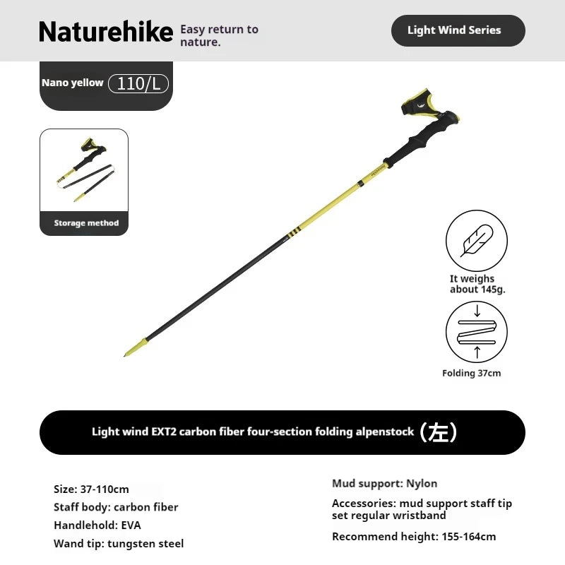 Naturehike Carbon Fiber Folding Walking Stick 4 Sections Lightweight Camping Mountain-climbing Hiking Trekking Pole 110cm 120cm
