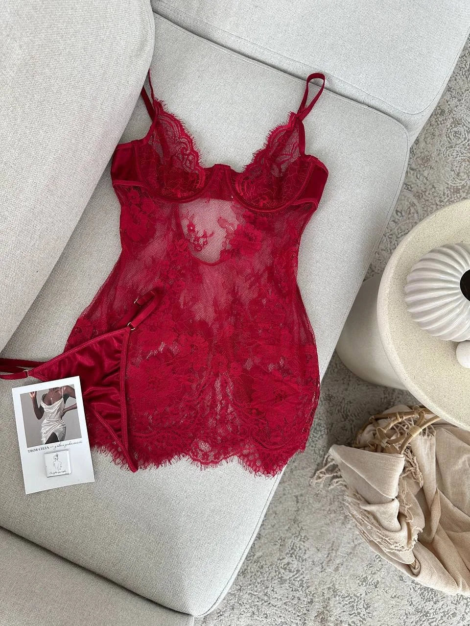 Ellolace Seductive Women's Casual Dresses Tempted Deep V Mini Dress Thong 2PC Hot Sheer Lace Lingerie Sexy Sensual Sleep Gown