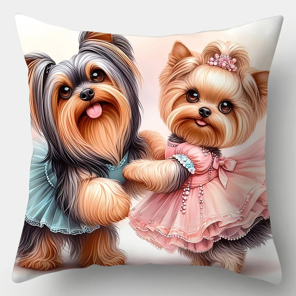 4pcs Healing Dog Couple Print Pillow Covers, Featuring Adorable Yorkshire Terrier Cute Puppy Pattern, Decorative Cushion Cases