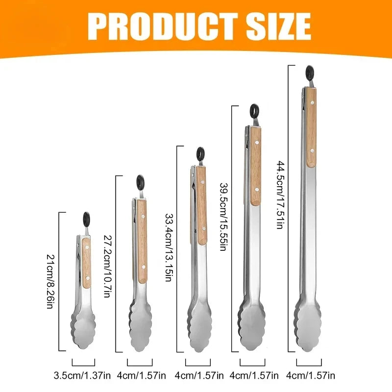 1Pcs Stainless Steel Food Tongs Heavy Duty Kitchen Tongs with Wooden Handle for Cooking Grilling BBQ 9-16 Inch Length