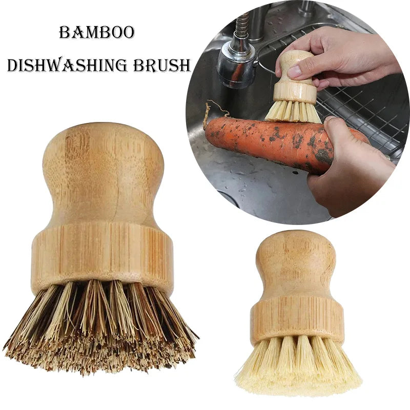 Bamboo Dishwashing Brush Natural Sisal Wooden Handle High Density Bristles for Cast Iron Pans Pots Dishes Fruits Vegetables Clea