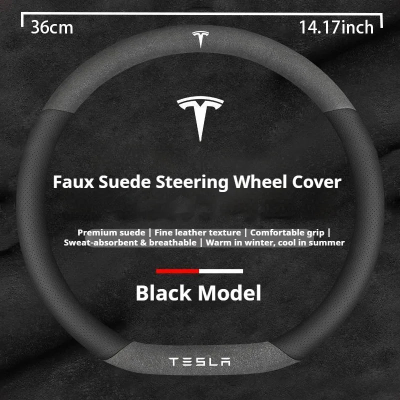 For Tesla Model 3 Model Y Model S Model X Roadster Suede Anti-slip Breathable Leather Car Steering Wheel Cover Auto Accessories