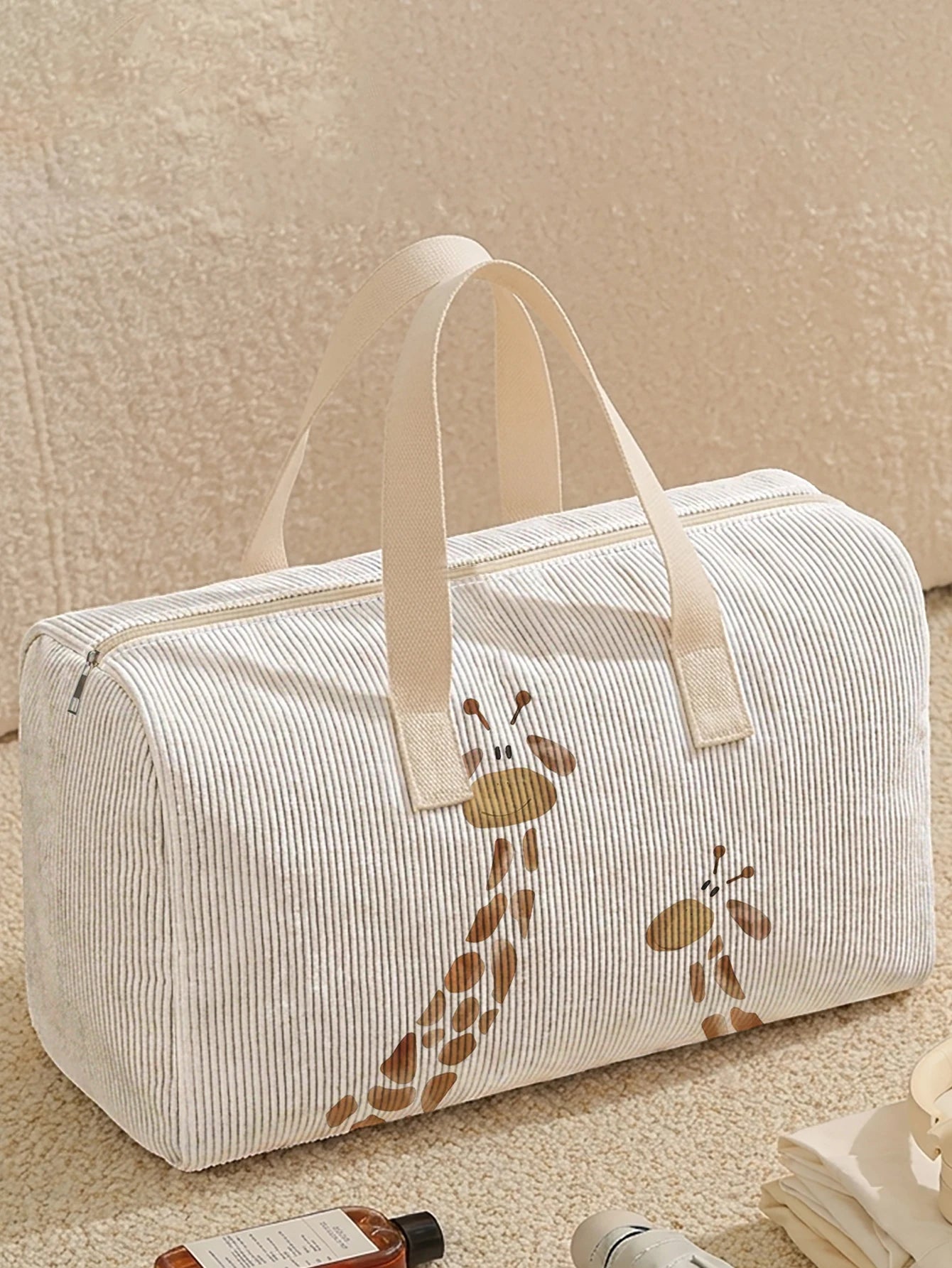 1pc, Two styles, Cute Giraffe Printed Corduroy Duffle Bag Portable Handbag suitable for Weekend Trip Sports Shopping