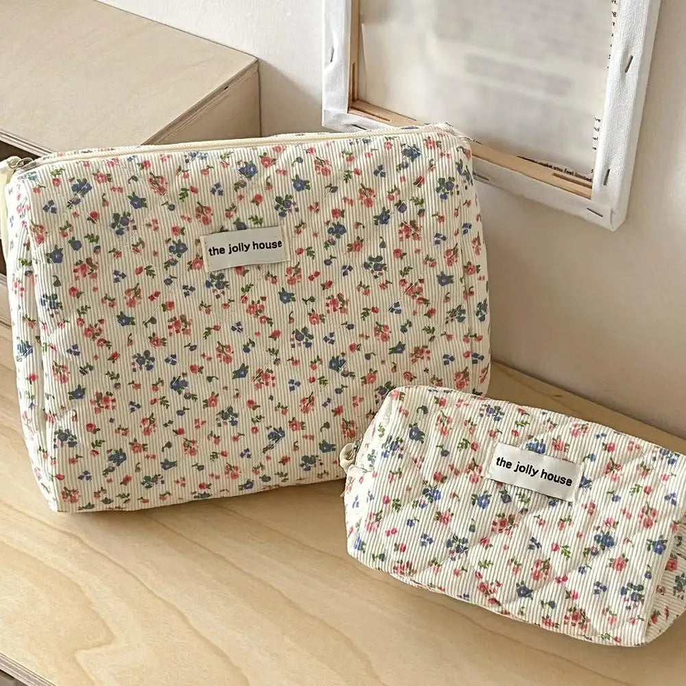 Flower Printed Puffy Quilted Zipper Makeup Bag Storage Organizer Toiletry Handbag Cosmetic Pouch Large Travel Cosmetic Bag