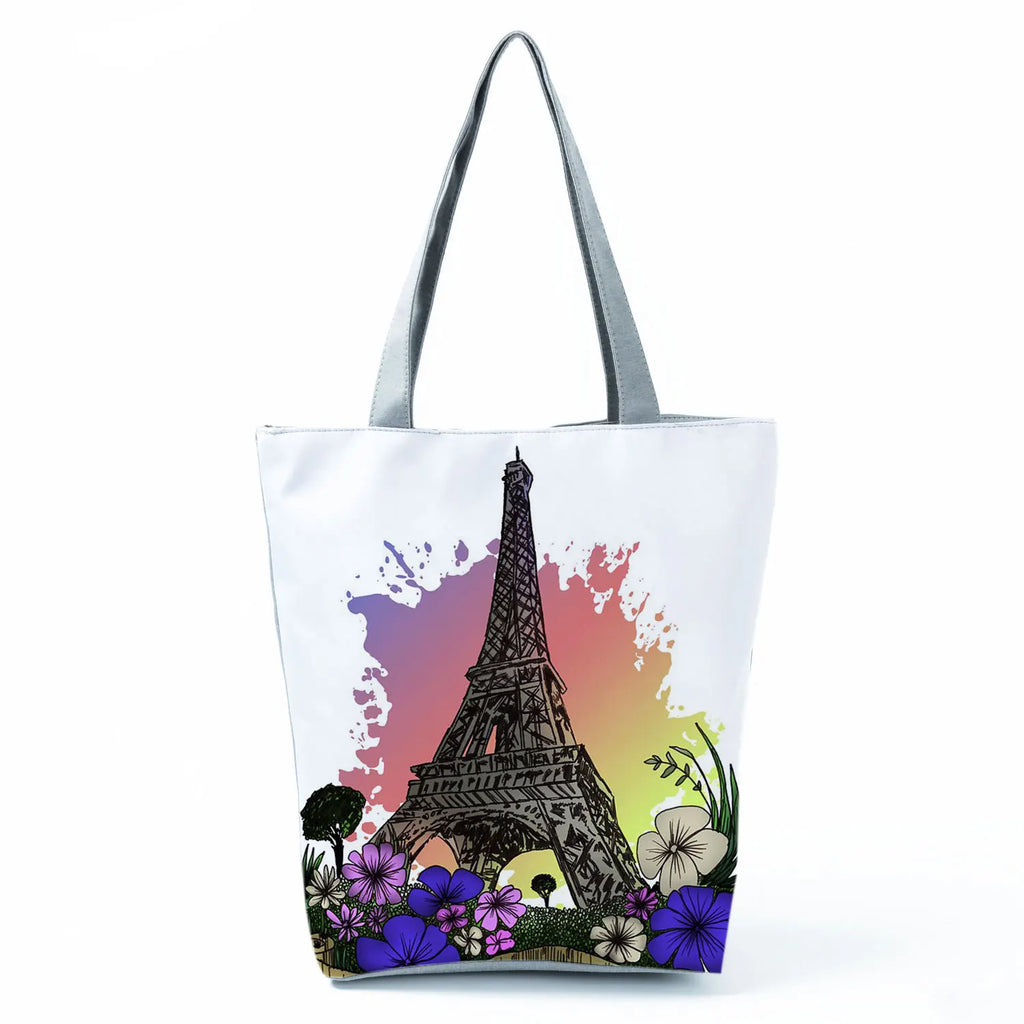 Floral Eiffel Tower Print Tote Bag Paris Landscape Shoulder Bag Fashion Pretty Handbags High Capacity Shopping Bag Eco Beach Bag