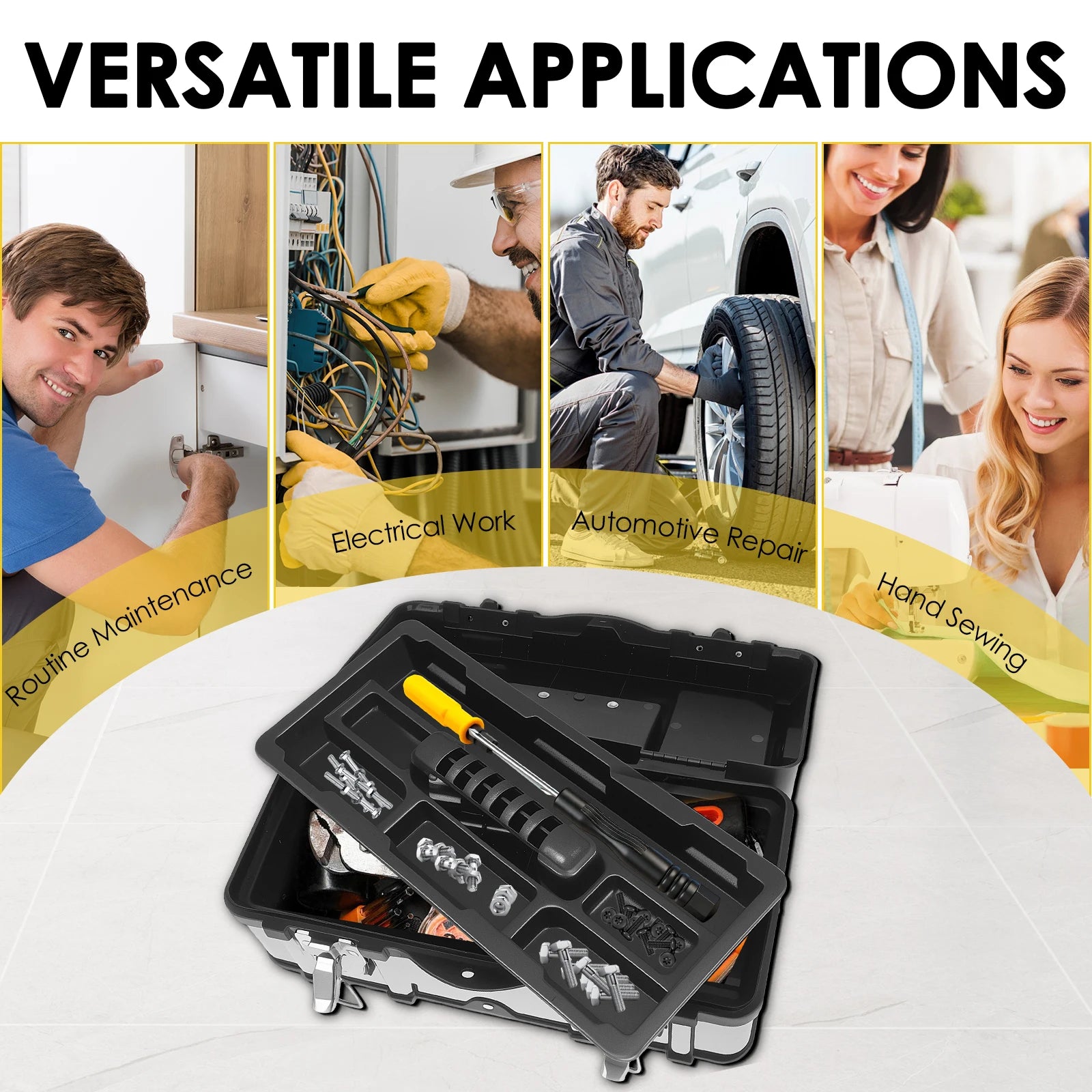 Portable Tool Box Heavy Duty Plastic and Stainless Steel Tool Storage Case with Removable Tray for Electrician Auto Repair
