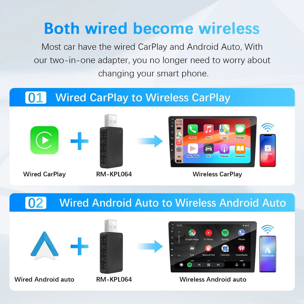 2026 Wireless CarPlay Android Auto 2-in-1 Adapter for Factory Wired Car Plug&Play 5.8Ghz WiFi USB Converter Box with OTA Update
