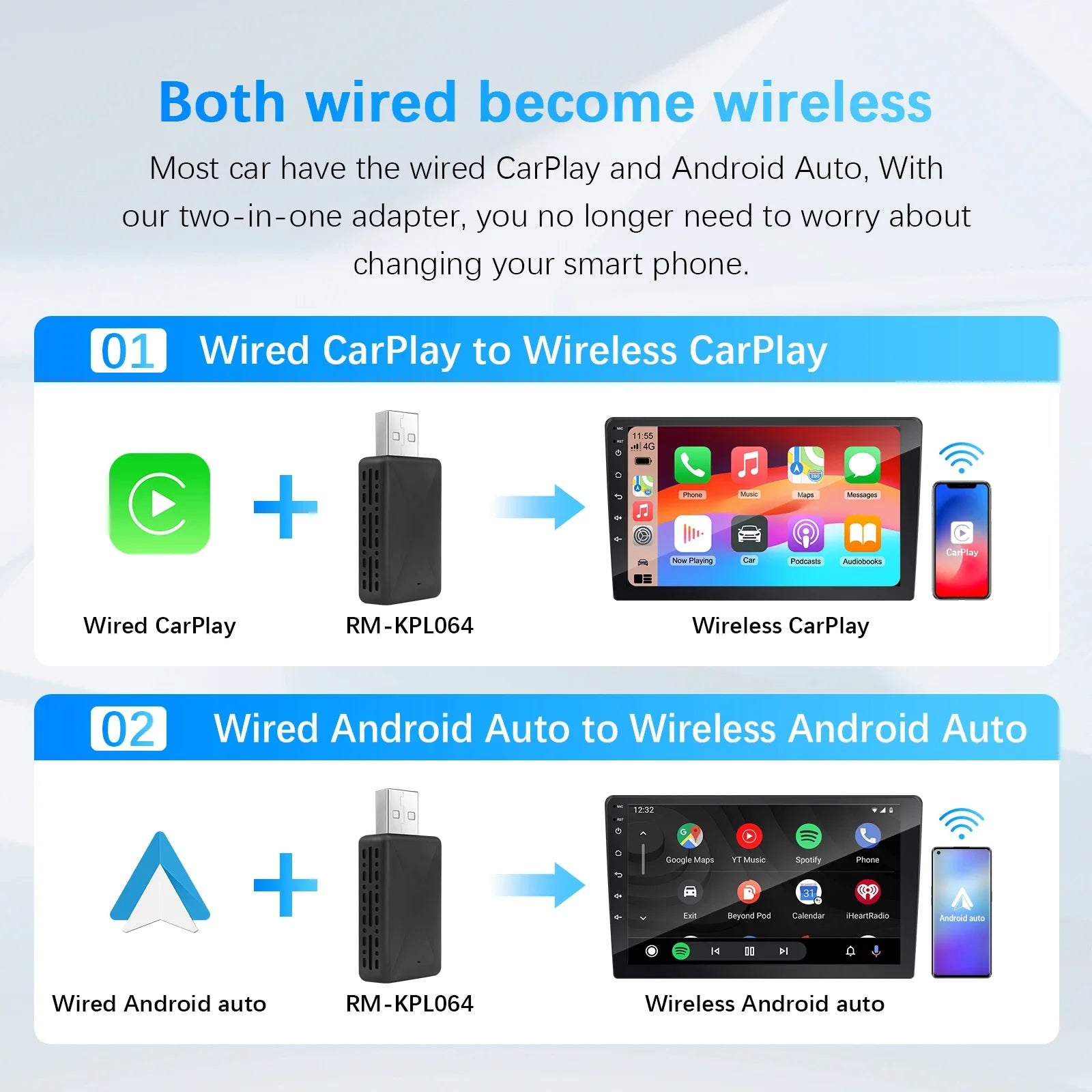 2026 Wireless CarPlay Android Auto 2-in-1 Adapter for Factory Wired Car Plug&Play 5.8Ghz WiFi USB Converter Box with OTA Update
