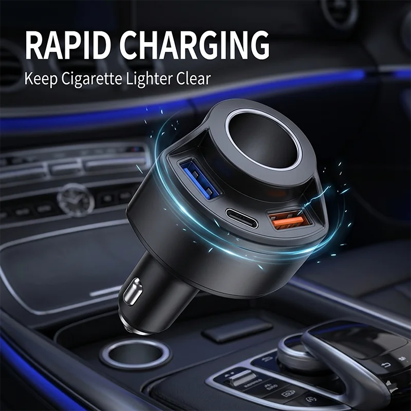 Fast Charging Multi Port Vehicle Power Adapter Car Charger with Cigarette Lighter Splitter Socket Type C Dual USB A  For iPhone