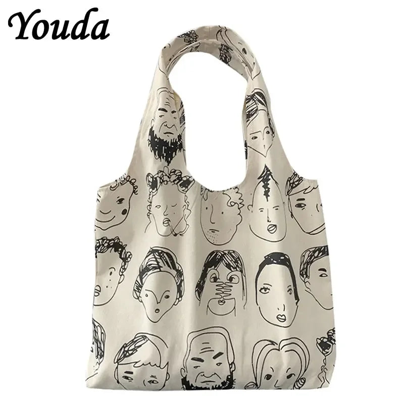 Youda Women Shoulder Tote Bag Canvas Vest Cartoon Print Handbags Large Capacity Soft Shopping Bags Girls Personality Schoolbag