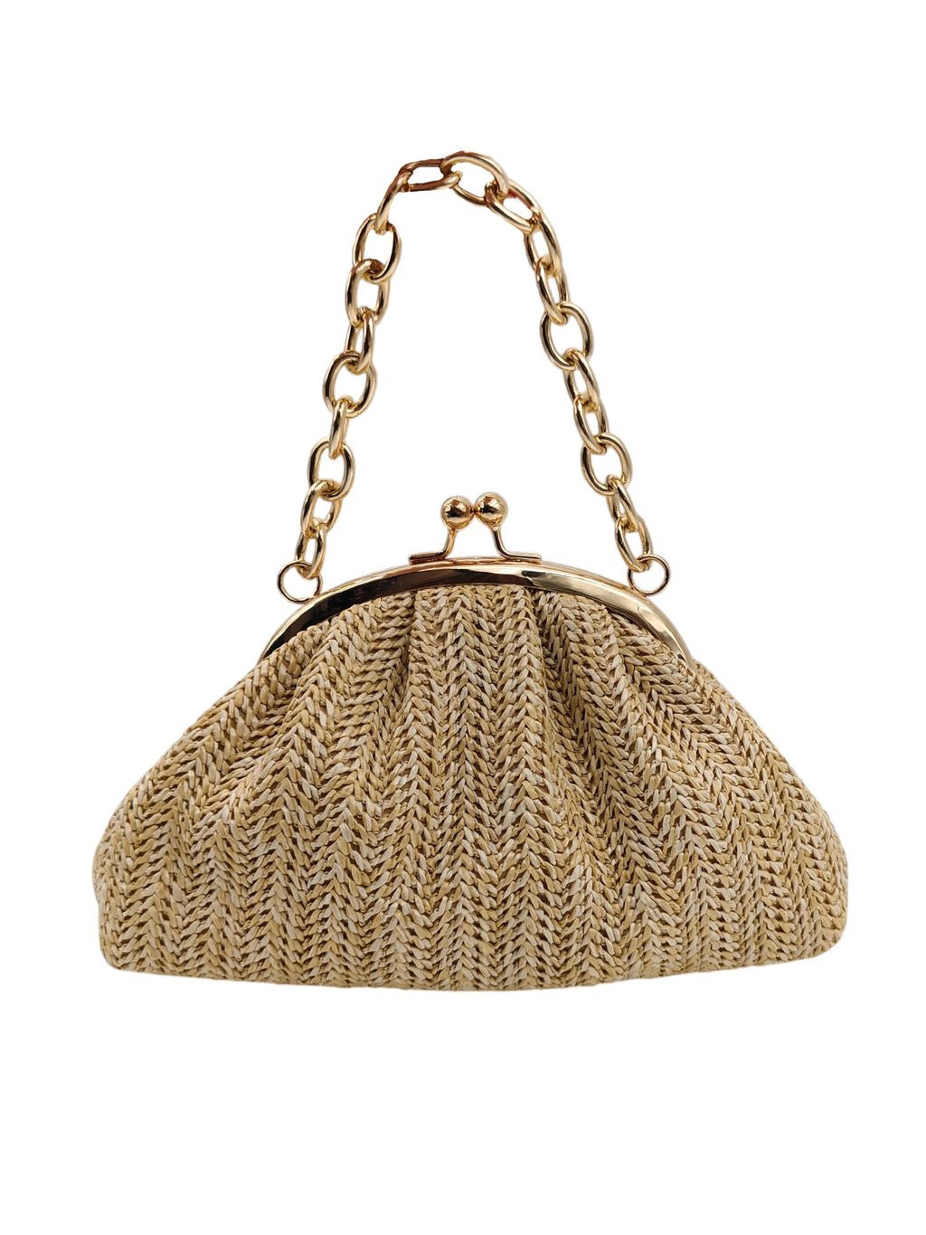 2026 new vacation straw women clutch, light brown herringbone textured pleated cloud bag shape. Rose gold bead metal frame buckl
