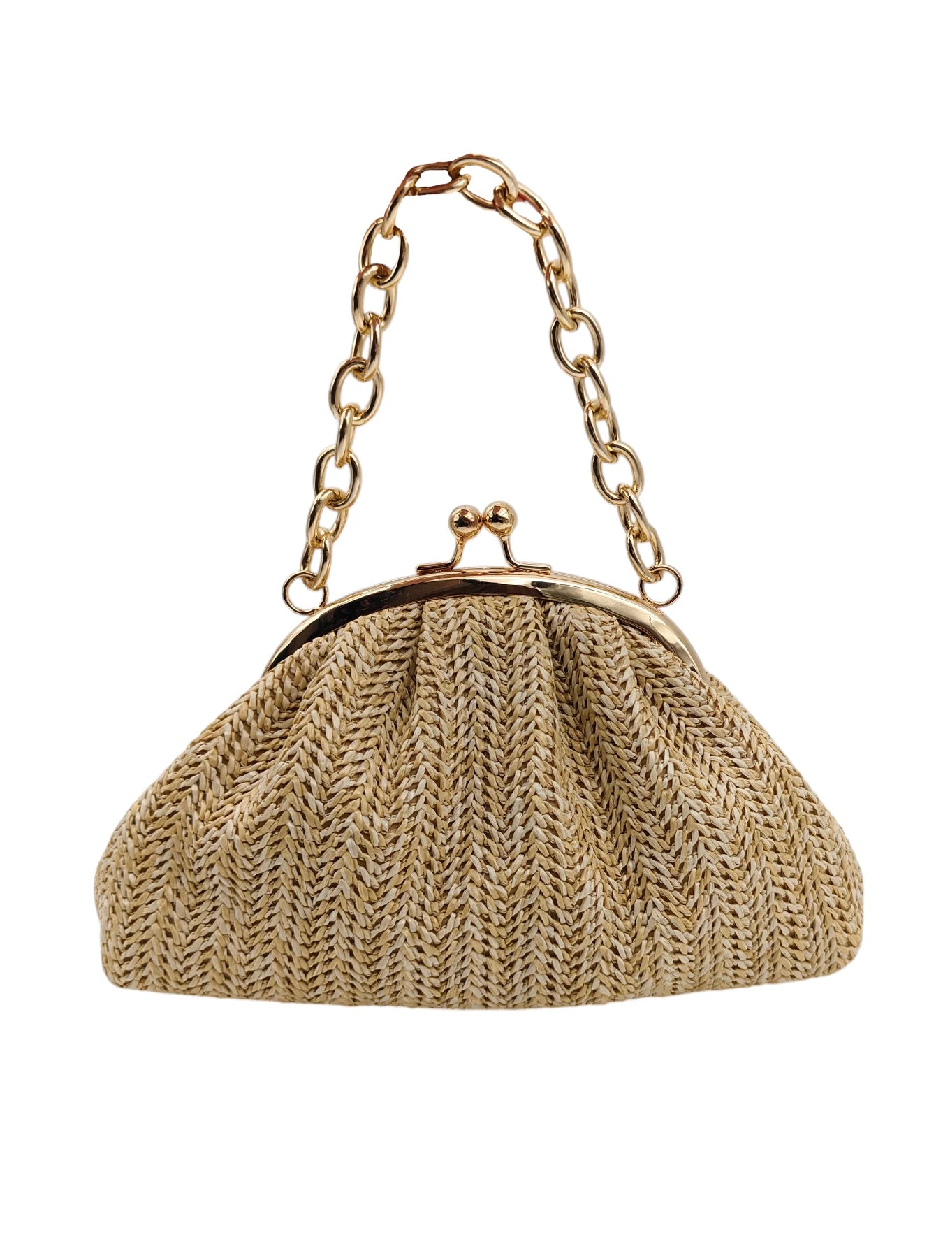 2026 new vacation straw women clutch, light brown herringbone textured pleated cloud bag shape. Rose gold bead metal frame buckl