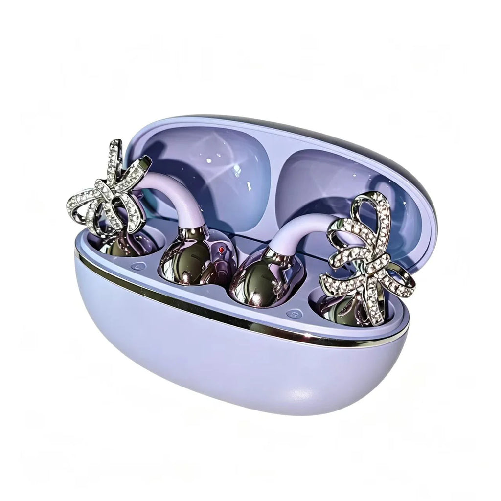 Shiny Crystal Bowknot OWS Clip Earbuds TWS Wireless Bluetooth 5.4 Low Latency Sport Headphones with Charging Case