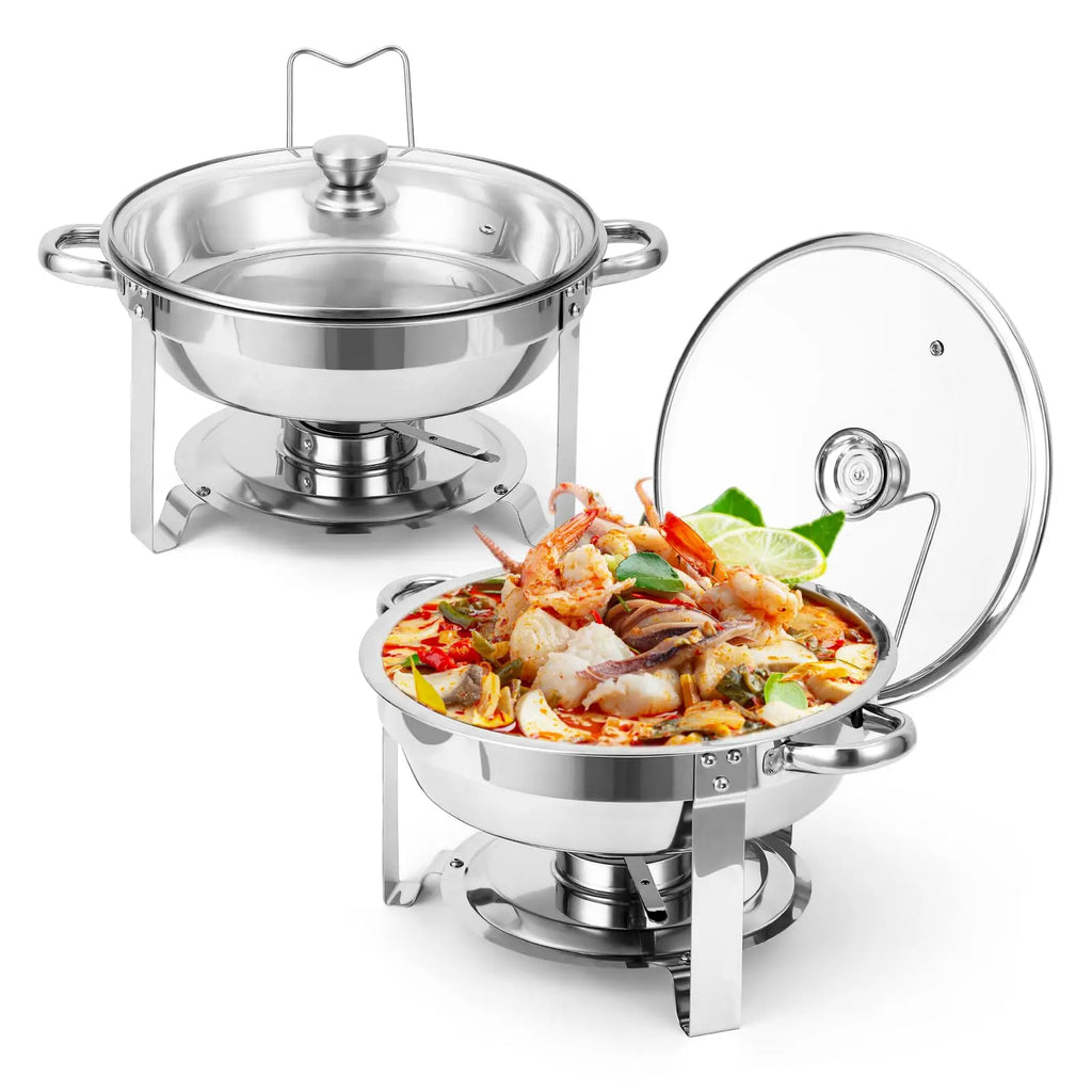 2 Pack 5QT Round Stainless Steel Chafing Dishes Buffet Set with Visible Glass Lid Holder Buffet Food Warmers for Parties Dinners Catering Events