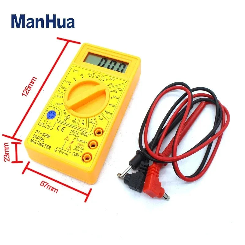 ManHua DT830B Mini Digital Multimeter with LCD Overload Protection Voltage Amperage Test Probe DC AC Yellow