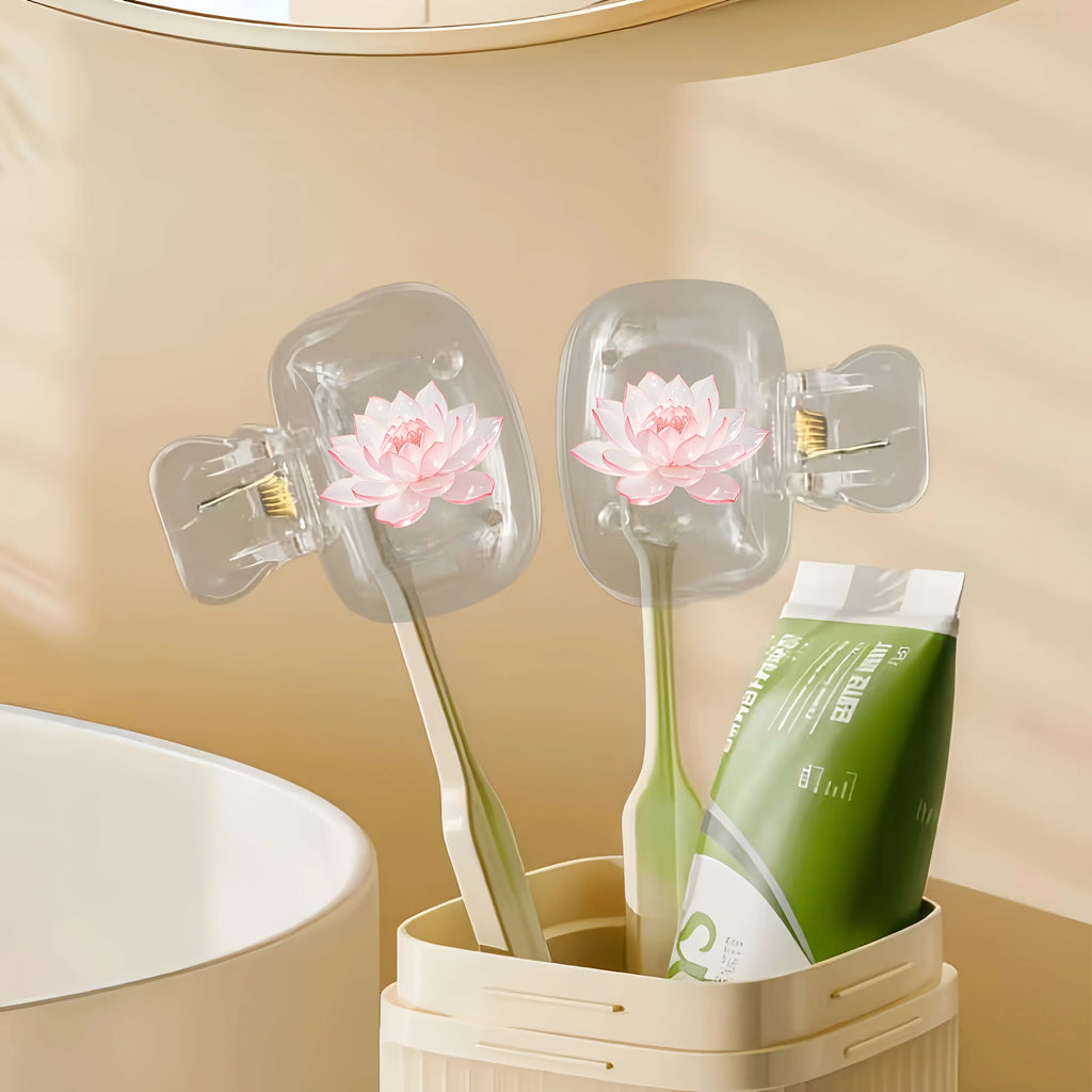 Beautiful Lotus 2pcs Toothbrush Holder Portable Combination Set Protective Cover Suitable for Home Travel Use Storage Clip Trips