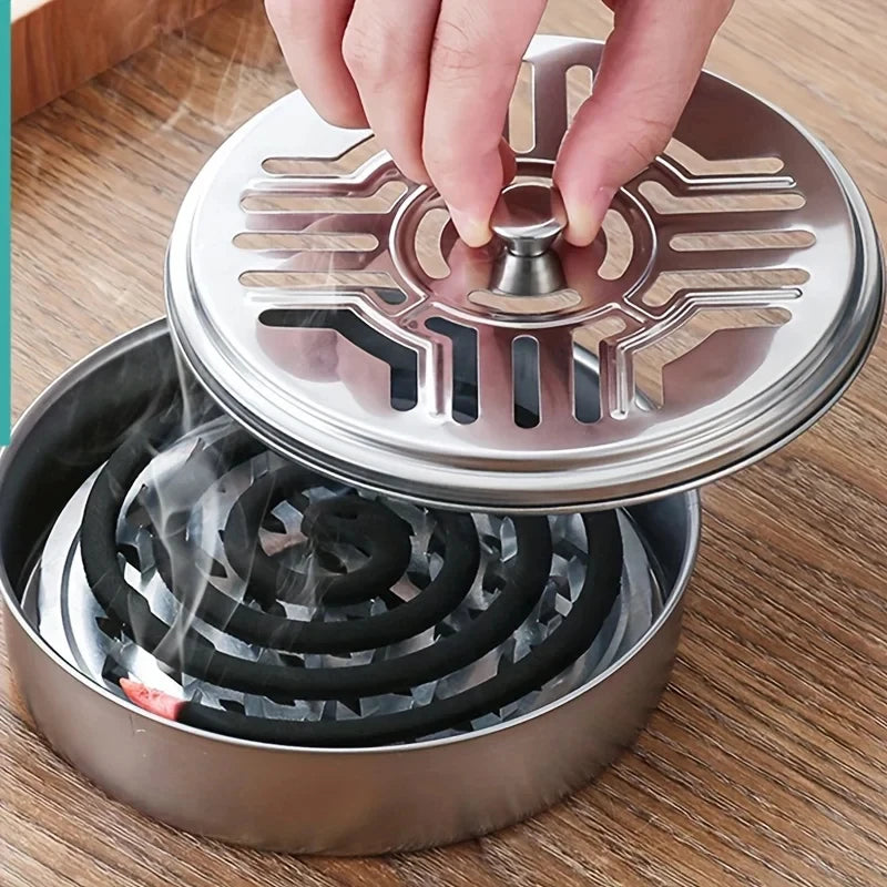 Stainless Steel Mosquito Coil Tray With Cover Large Portable Mosquito Coil Holder Box Anti-Mosquito Spiral Incense Coil Burner