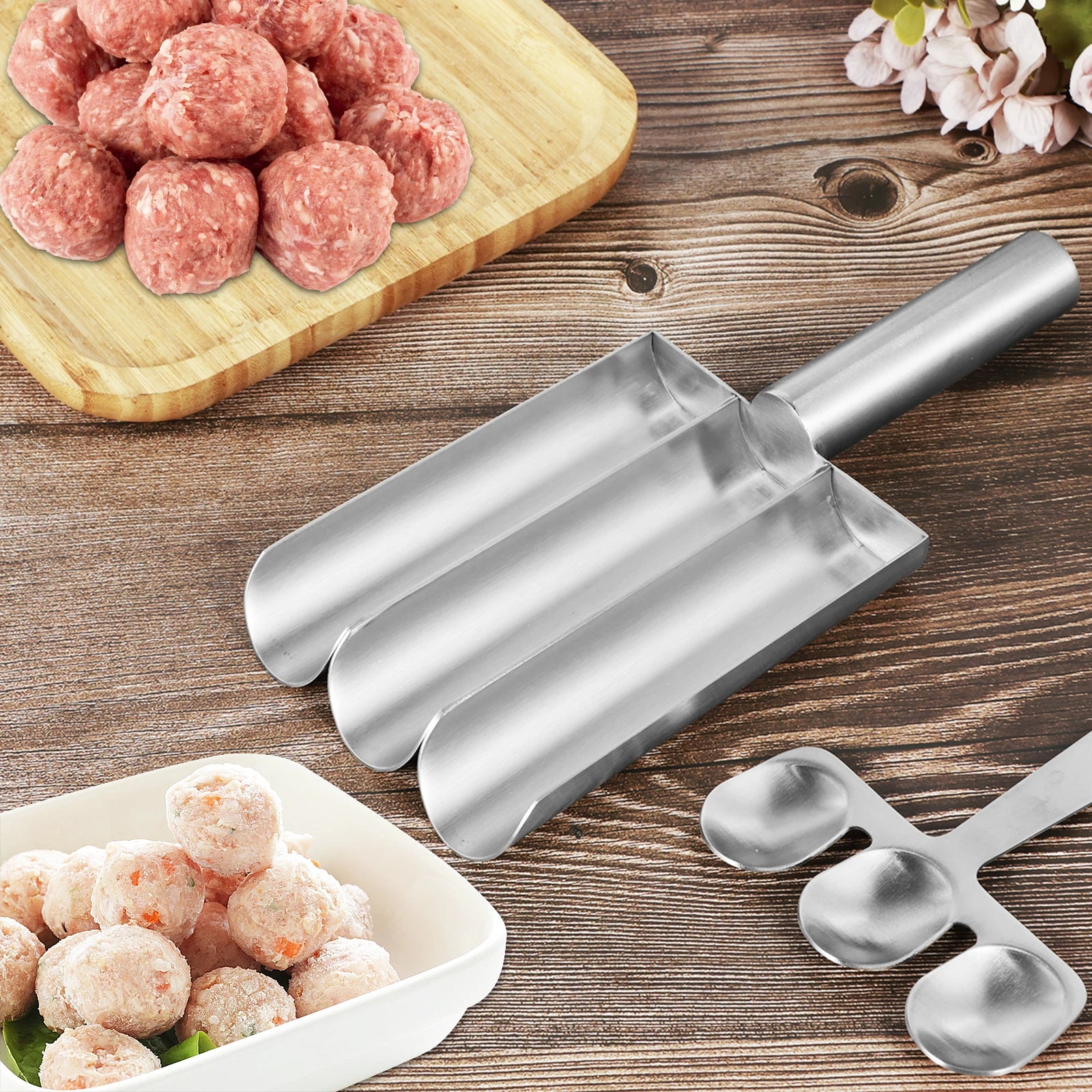 Stainless steel meatball spoon fish ball shrimp slip mold triple meatball machine creative meatball making tool kitchen cooking