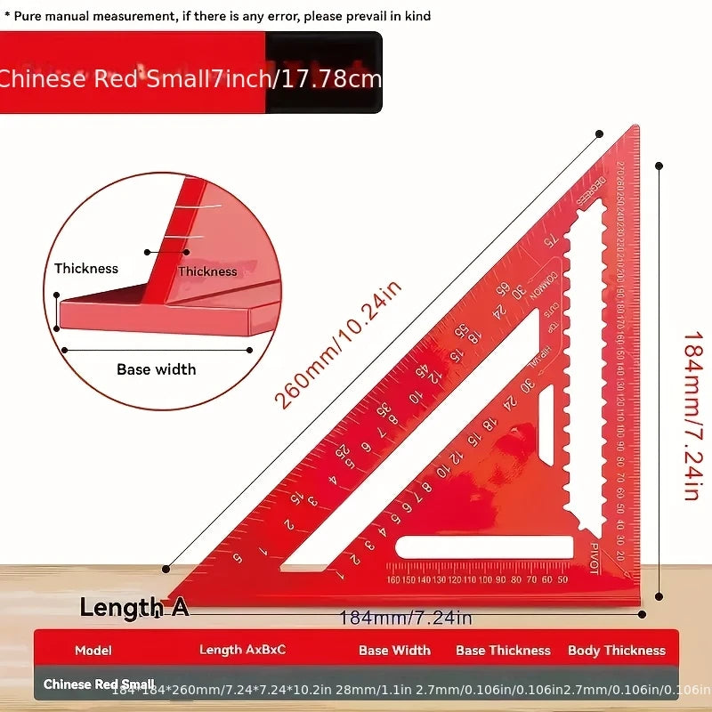 Red Triangular Aluminum Precision Square Ruler Woodworking Measuring Tool For Home Decoration Engineering Design