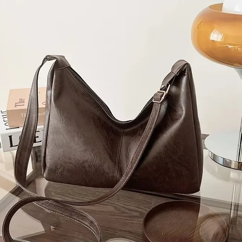 PU Leather Commuter Fashion Vintage Casual Tote Bag Maillard Stylish Crossbody Bags for Women Texture Large Capacity Temperament