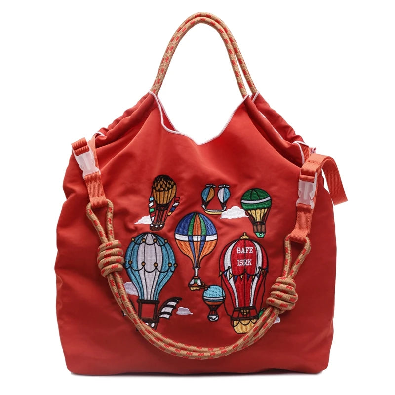 Fashion Embroidered Hot Air Balloon Pattern Large Capacity Lady Canvas Bag New Drawstring Shopping Handbag Thin Style Canvas Bag