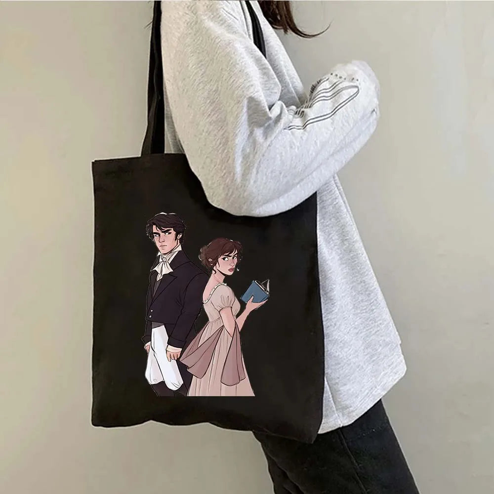 More Pride Less Prejudice Jane Austen Pride Prejudice Elizabeth Darcy Book Bennet Cartoon Shopper Canvas Tote Bag Cotton Handbag