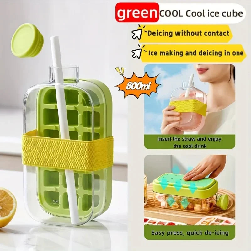 Large Capacity Ice Cube Maker Water Bottle Silicone Tray with Straw for Juice Beverage Cooling Stackable Design Durable Plastic