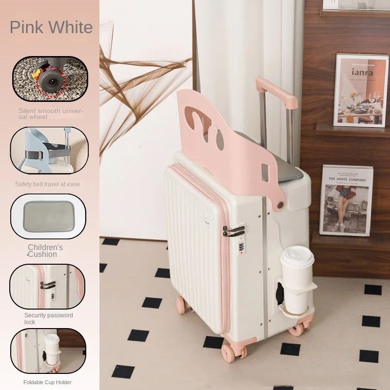 Front Opening Suitcase for Children can Sit 20/22 inch Ride on Luggage Sturdy Thickened PC Travel Suitcase with Cup Holder