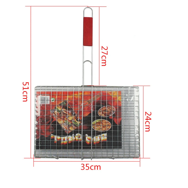 Stainless Steel Wooden Handle Barbecue Net Grilled Fish Clip 35x24 Cm Outdoor Grilling Tool