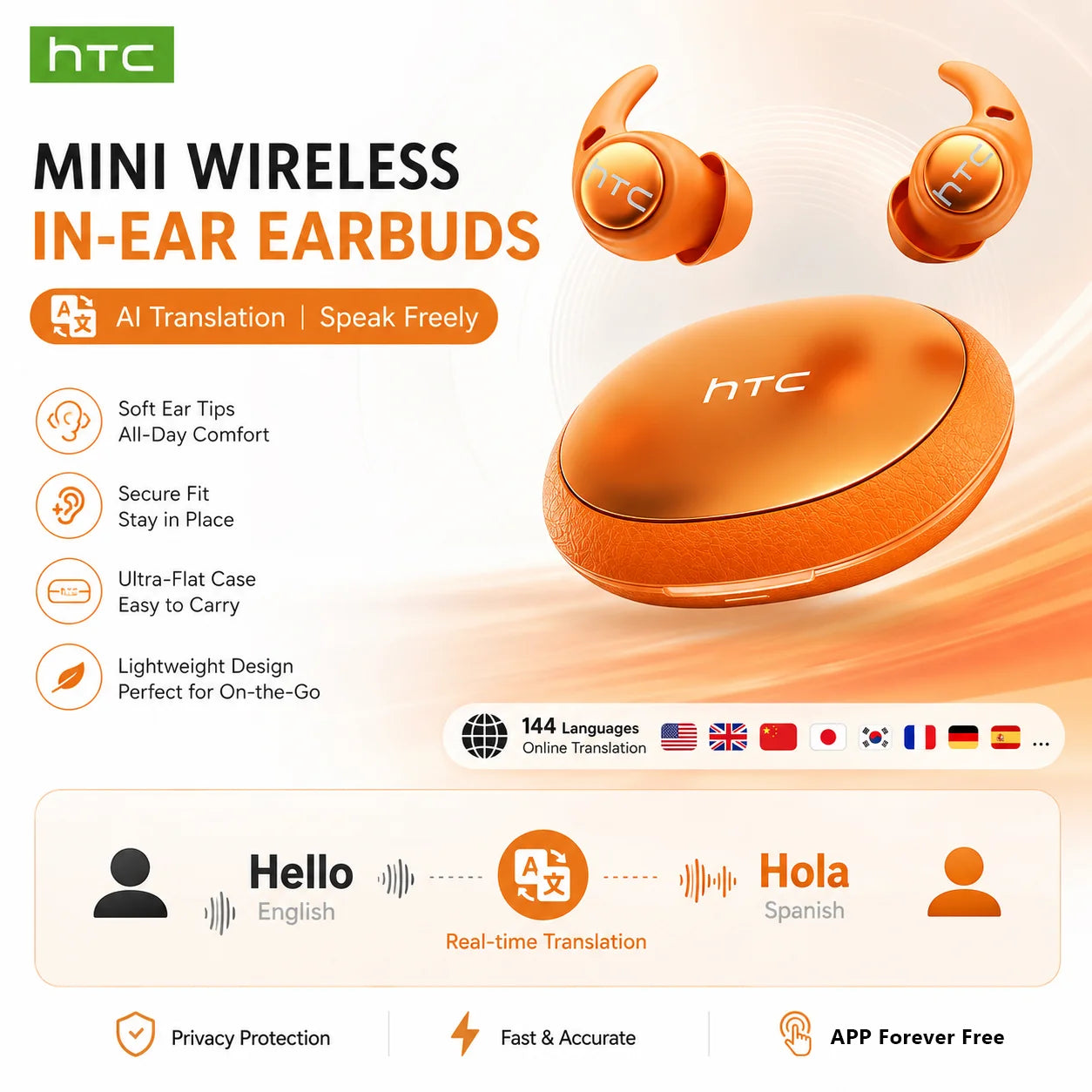 HTC NE76 Bluetooth Earbuds Mini Sleeping Earbuds for Wireless Earphones AI Translator, Noise Reduction Long Battery Headphones