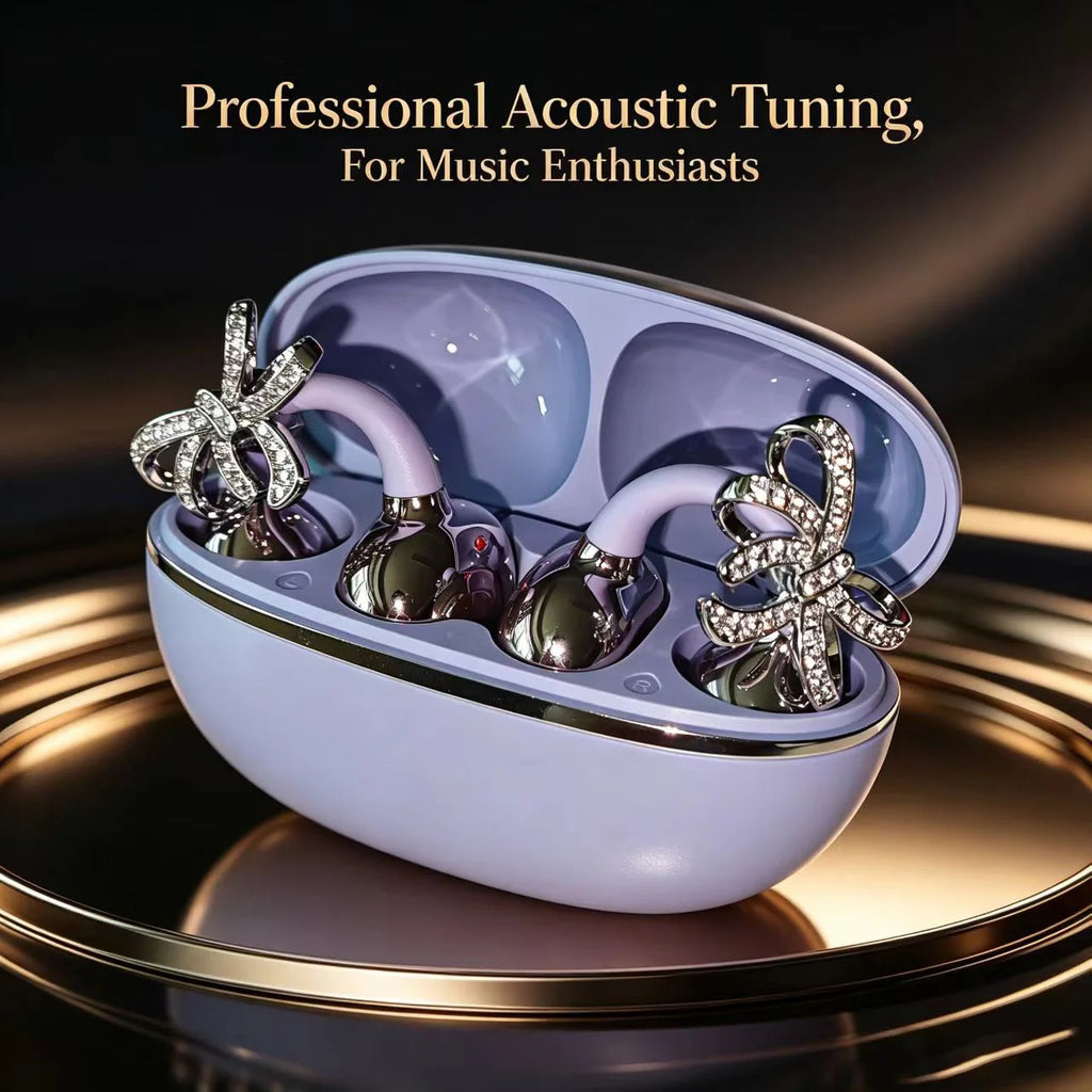 Shiny Crystal Bowknot OWS Clip Earbuds TWS Wireless Bluetooth 5.4 Low Latency Sport Headphones with Charging Case