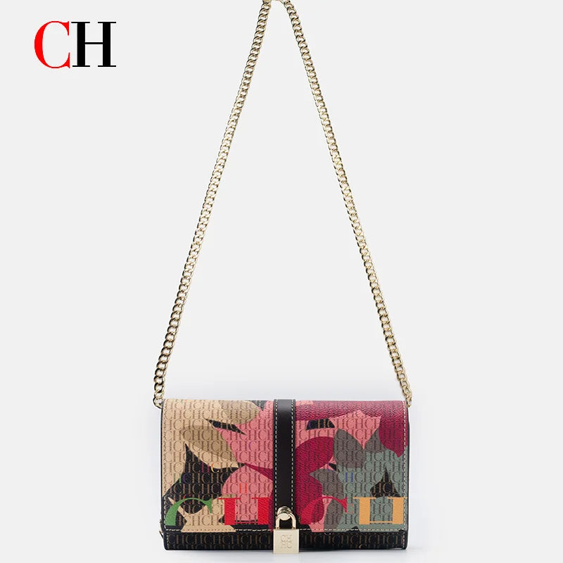 CH Ladies Shoulder Handbag Allover Camouflage Print Metal Chain Crossbody Purse Lock Closure Flap Female Evening Clutch Bag