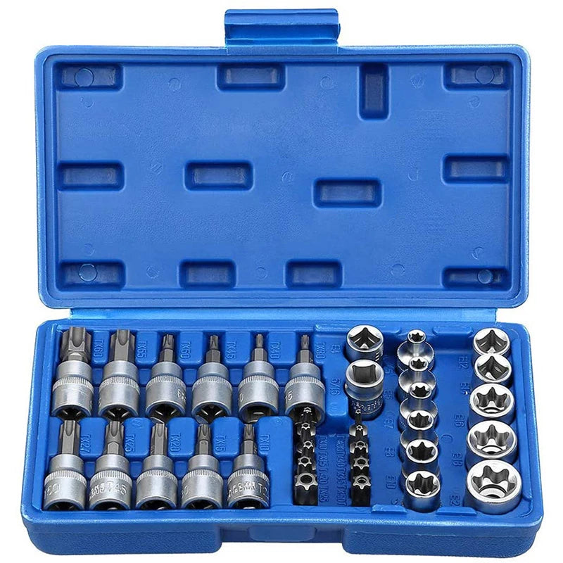 Torx Star Socket and Bit Set Male Female E Security Bits Drive Hand Tool Torque Star Socket Kit Repair Use Auto Garage DIY