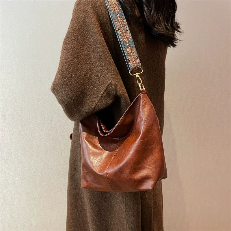 Women Vintage PU Leather Shoulder Bag Large Capacity Hobo Tote Wide Strap Casual Crossbody Purse Daily Handbag Quality