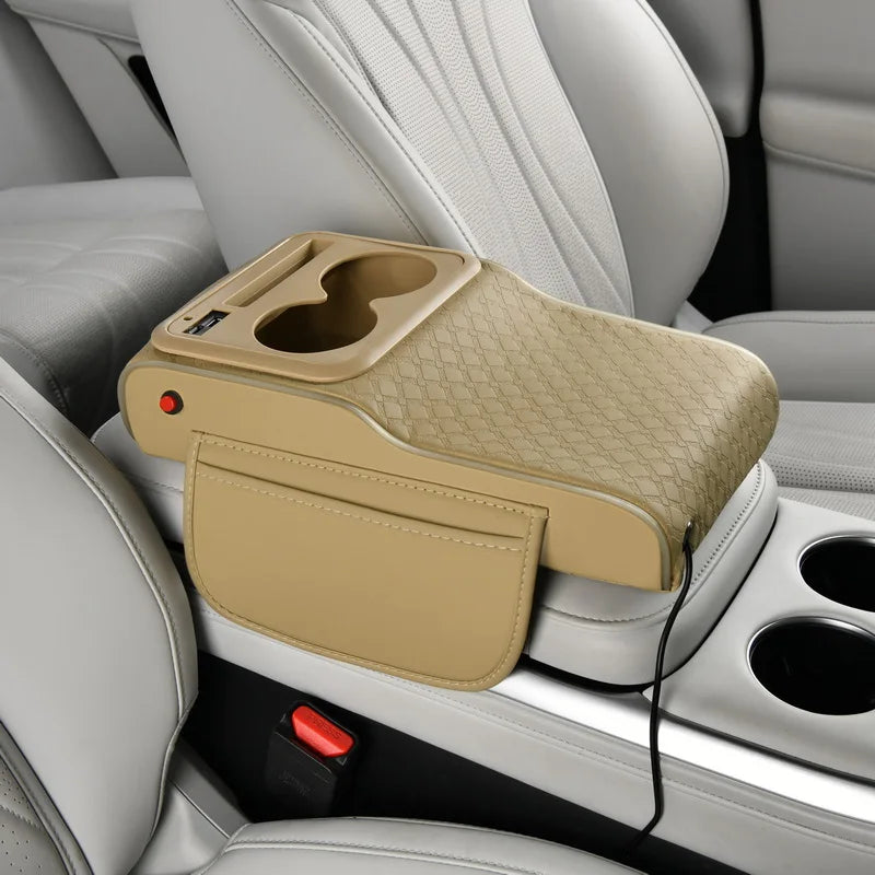 Multifunctional PU Leather Car Cup Holder Armrest Pad with Storage Pockets Soft Comfortable for Phone Charging and Support