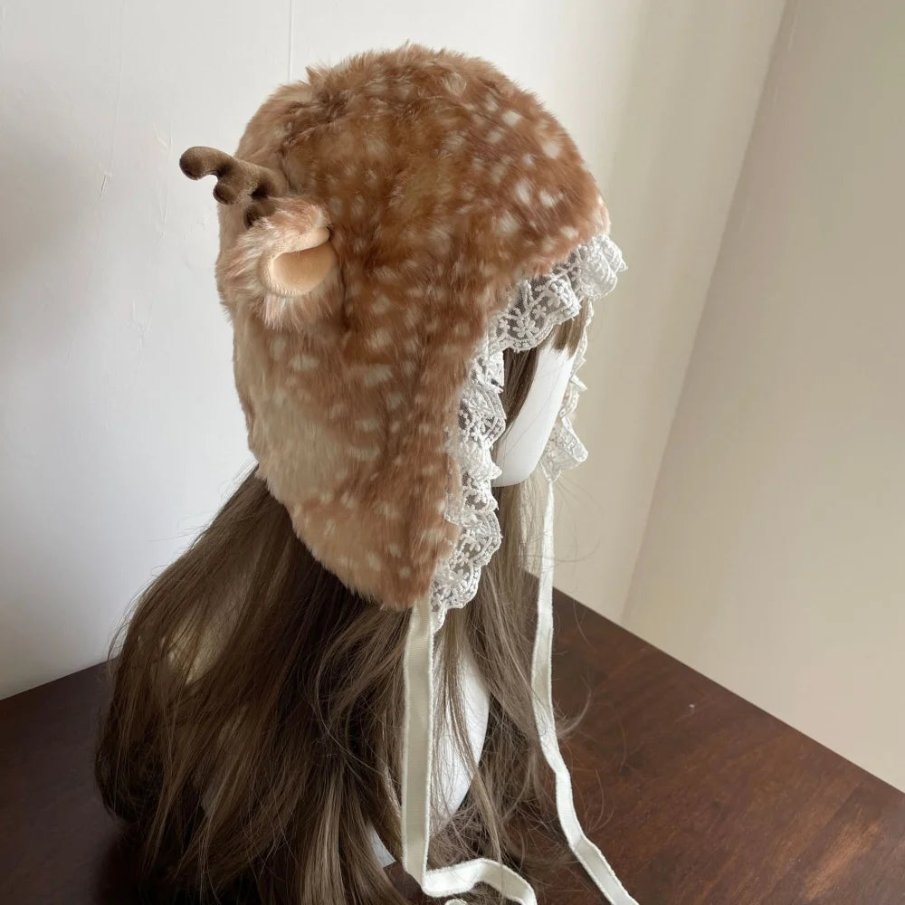 Japanese Furry Bomber Hats Christmas Socks Warm Ear Protection Xmas Deer Hat Plush Reindeer Furry Thicken Leg Warmers
