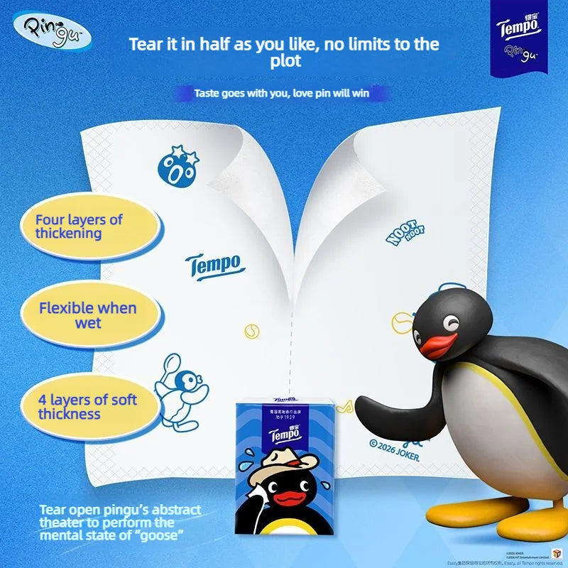 Tempo X Pingu Pocket Tissues, 4-ply Thick Soft Paper Handkerchiefs, 12-pack Portable Printed Facial Tissues For Daily Use