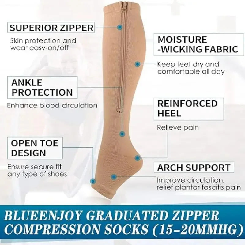 Zipper Compression Socks Men Women Knee Maternity High Socks Anti-Fatigue Stretchy Sox Outdoor Running Hiking Sports Socks