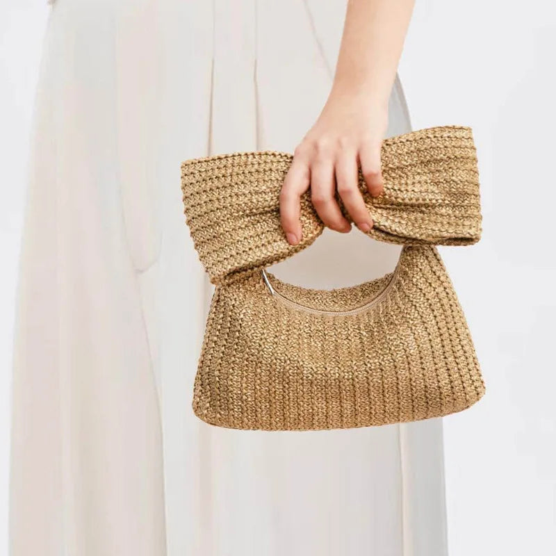 Bow Straw Woven Clutch Bag for Women Boho Handwoven Evening Handbag Perfect for Beach Vacation Wedding Party Daily Casual Outfit