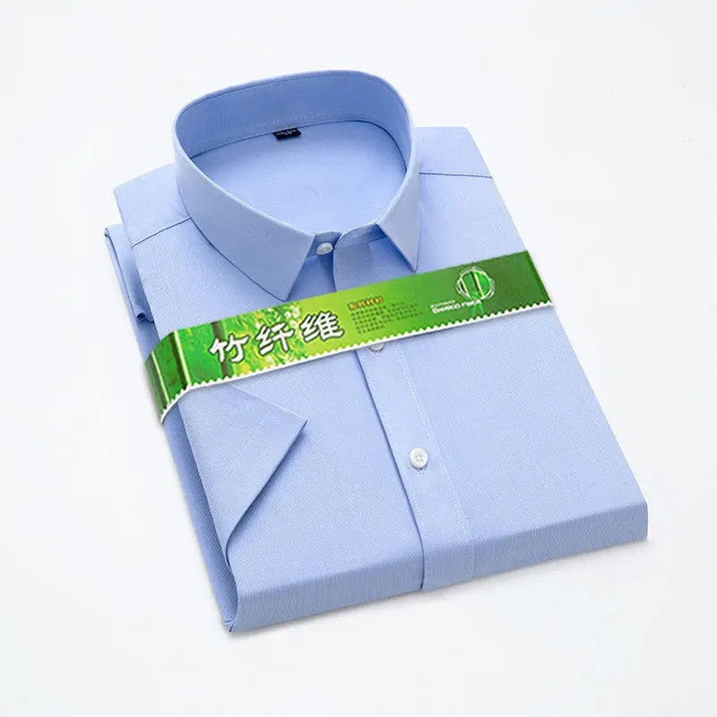 S-6XL Bamboo Fiber Stretch Men Shirt Fashion Casual Business Short-Sleeved Top Anti-Wrinkle No-Iron Solid Color Formal Shirt
