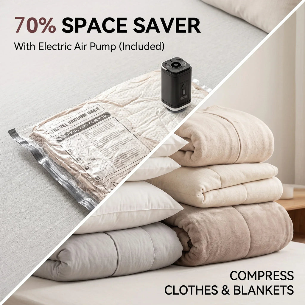 Travel Vacuum Storage Bag Electric Pump Carry On Compression Luggage, Vacuum Sealer Bags Moving Space Saver Reusable FANAN