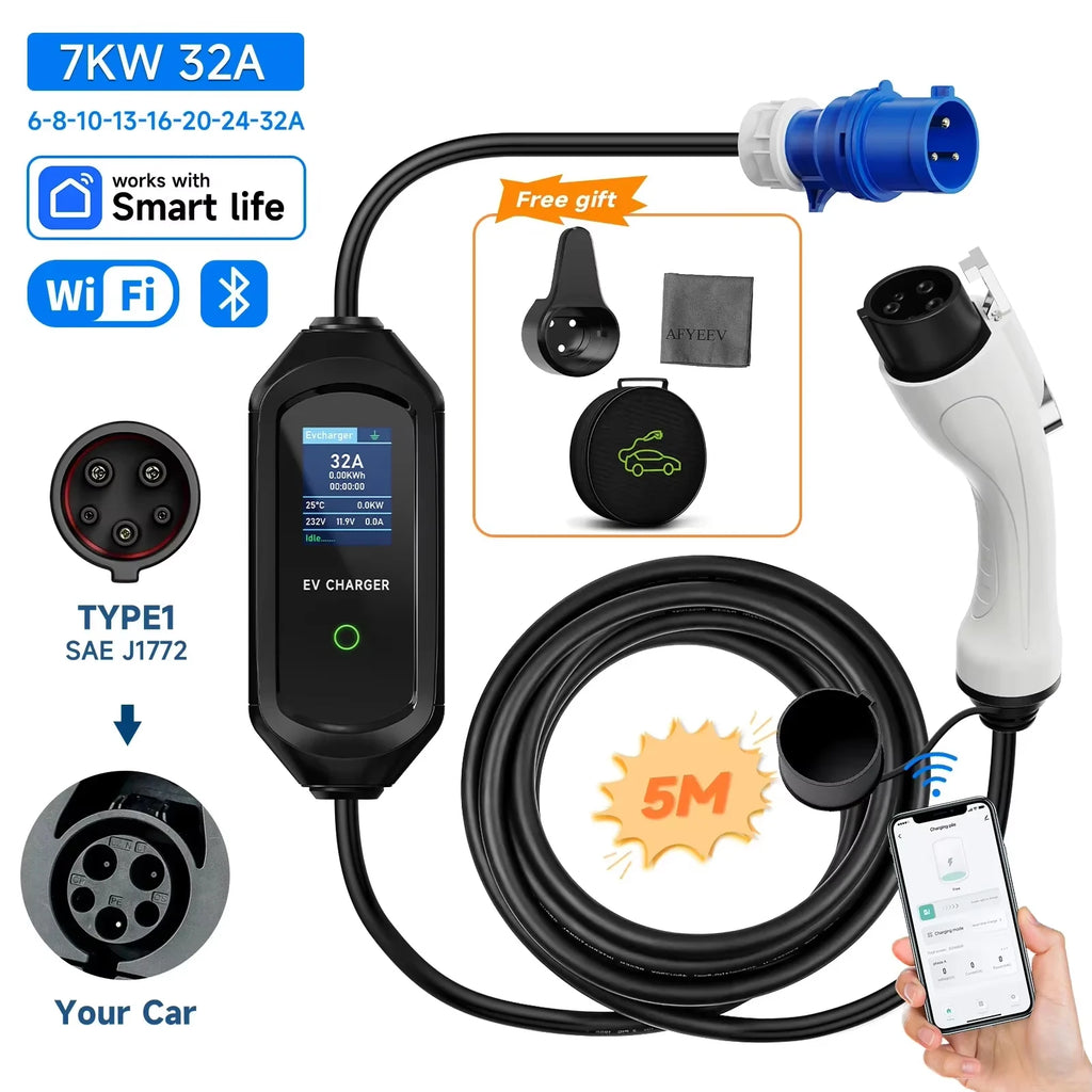 AFEEV 7KW Type2 IEC 62196-2 Portable EV Charger 32A Type1 SAE J1772 Wallbox GB/T Fast Charging Cable CEE Plug WiFi APP Control