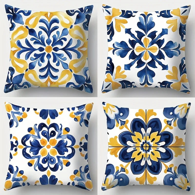 4-Piece Set, Vibrant and Intricate Blue-Yellow Tile Pattern - Inspirational Pillow Cover Decoration, Insert Not Included