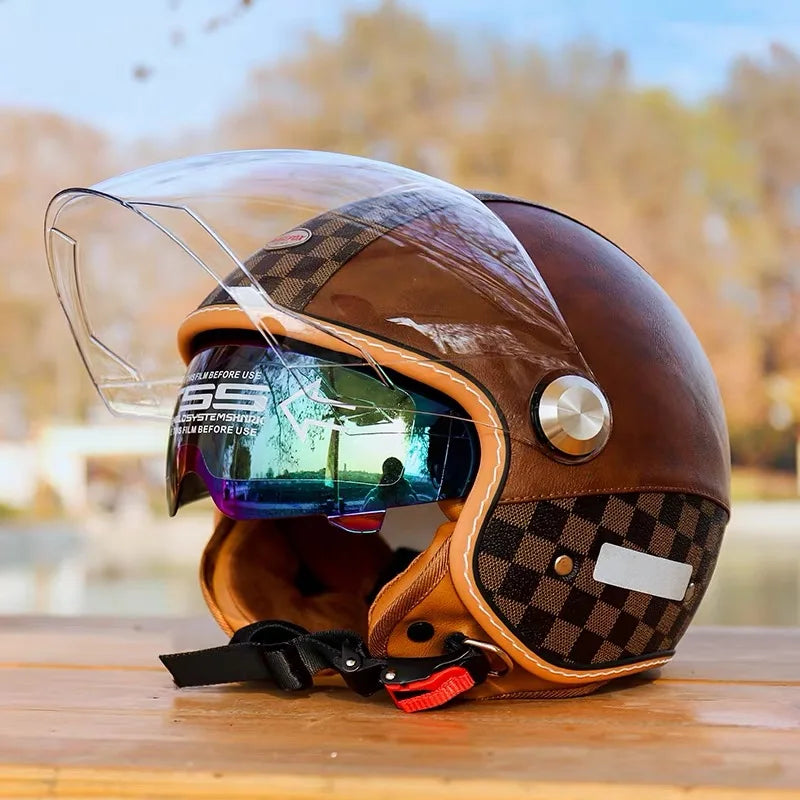 Open Face Helmet Vintage Leather Motorcycle Helmets Double Visor DOT Approved Retro 3/4 Jet Half Helmet with Inner Lens