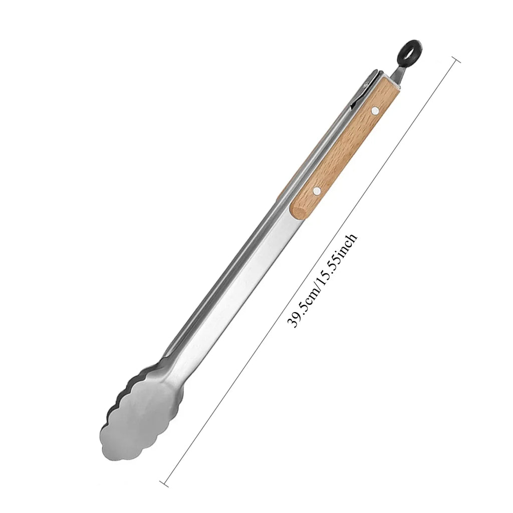 1Pcs Stainless Steel Food Tongs, Heavy Duty Kitchen Tongs with Wooden Handle for Cooking, Grilling and BBQ, 7-16 Inch Length