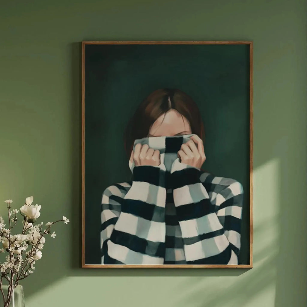 Green Abstract Figures Canvas Print with Flower Woman Minimalist Japandi Female Portrait Art Poster for Modern Living Room Decor